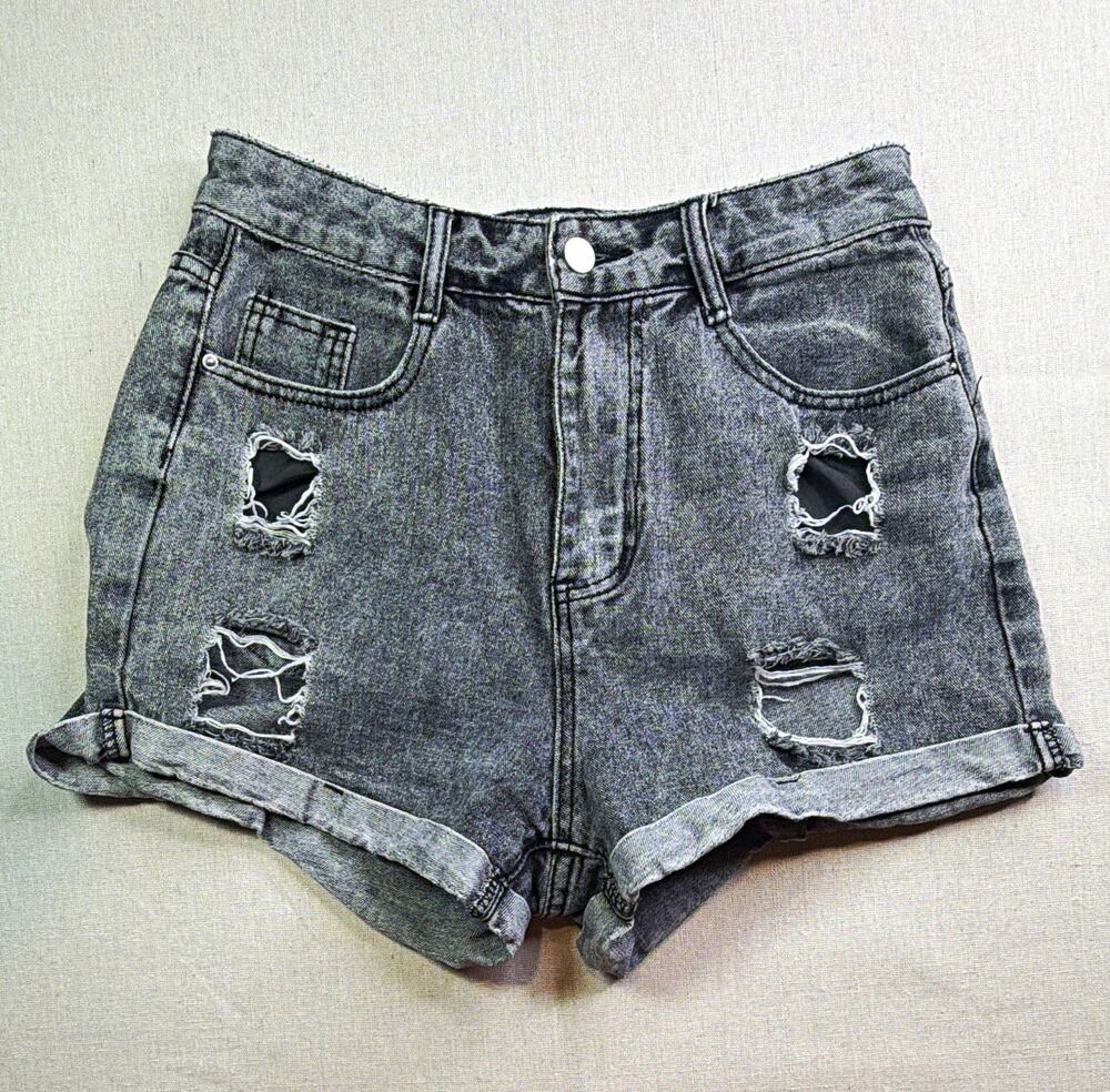 Women's High Rise Distressed Gray Denim Cut-Off Shorts Cuffed Pockets Size 28